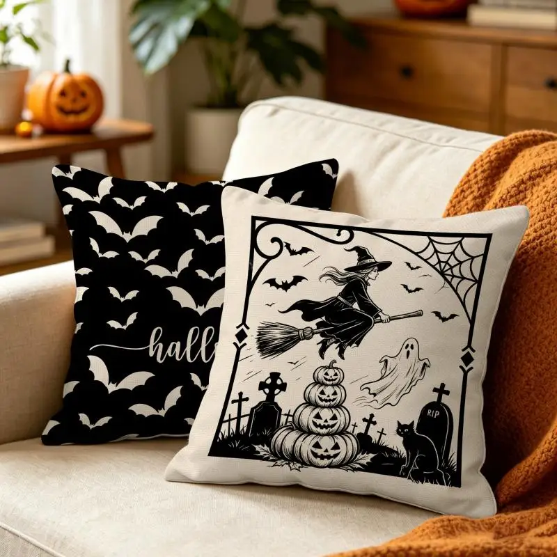 2 Stück Halloween-Kissenbezüge mit Geistermotiv, Totenkopf-Kissenhülle, Dekokissenbezug für Wohnzimmer, Sofakissenbezug – Detail 5