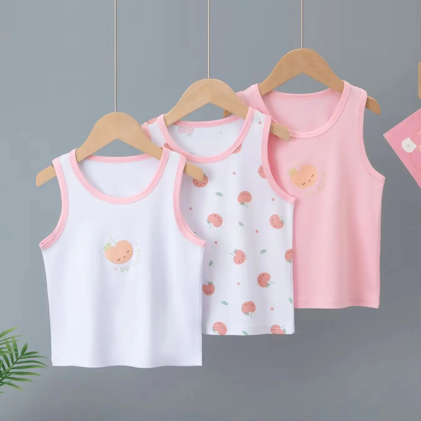 

3-piece girls' sweet and cute four season vest comfortable round neck sleeveless T-shirt children's casual versatile cartoon top
