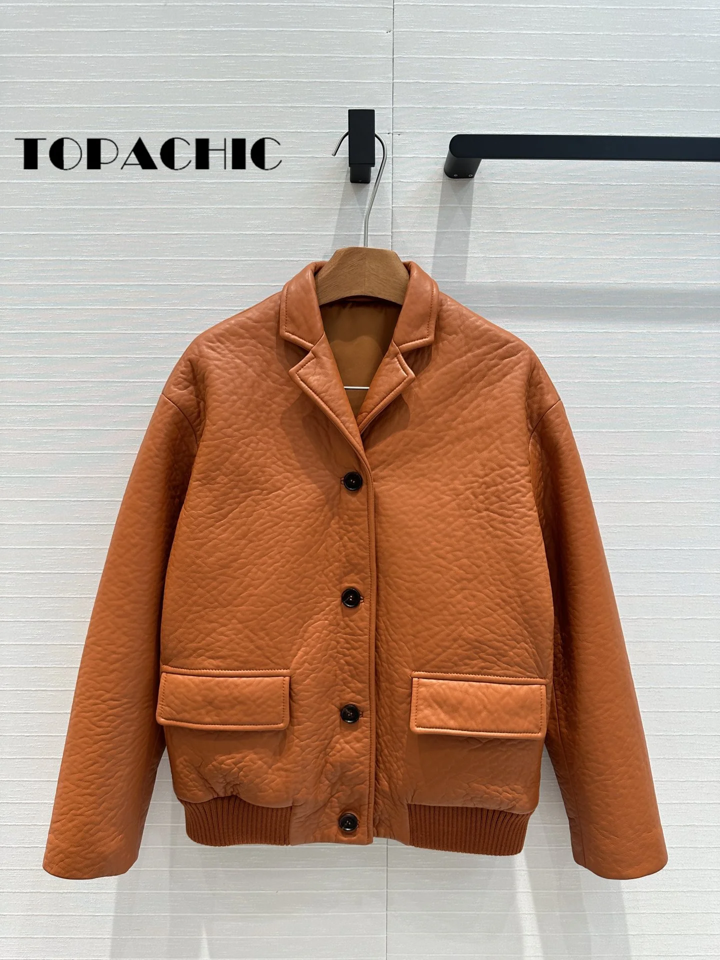 7.15 TOPACHIC-Women Street All-matches Single Breasted Lapel Jacket High Quality Sheepskin Spliced Knit Hem Loose Outerwear