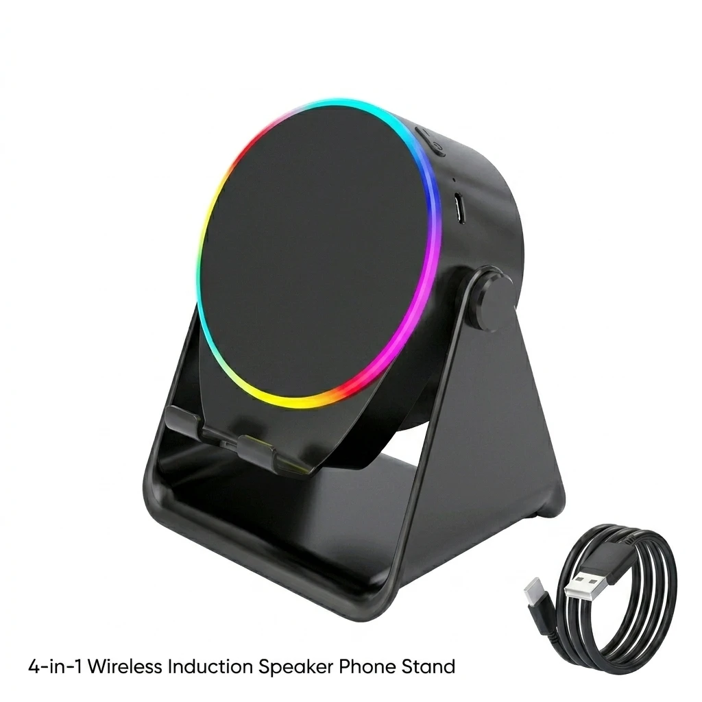 4-in-1 Induction Speaker Phone Stand, No Bluetooth Needed Instant Play Wireless Desktop Speaker for Home Office Live
