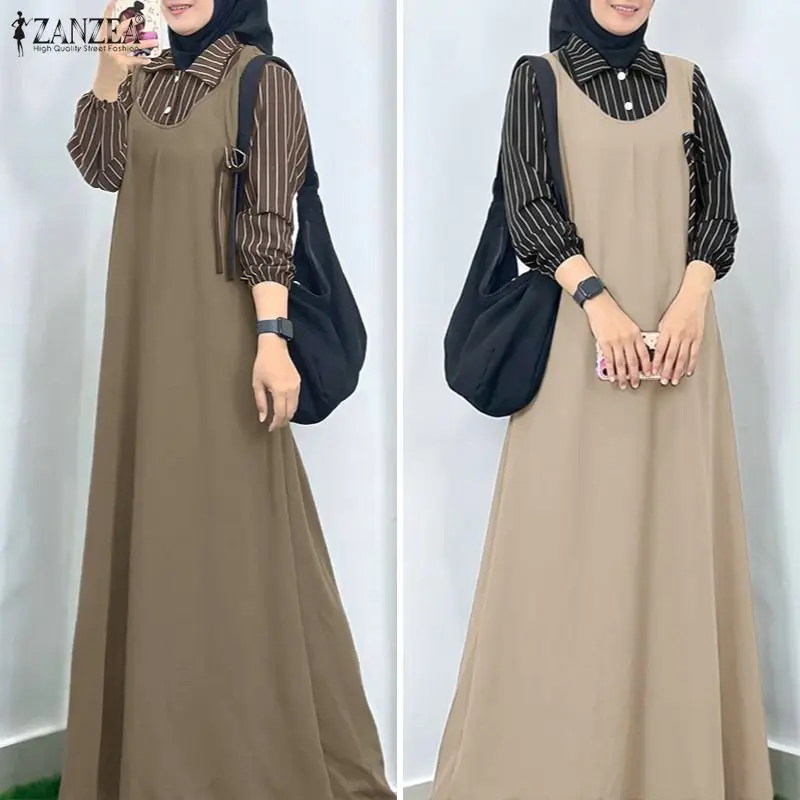 Ramadan Robe Damen Gestreiftes Patchwork Muslimisches Abaya-Kleid ZANZEA Elegantes Maxi-Langkleid mit langen Ärmeln, lockeres Dubai-Sommerkleid, Kaftan