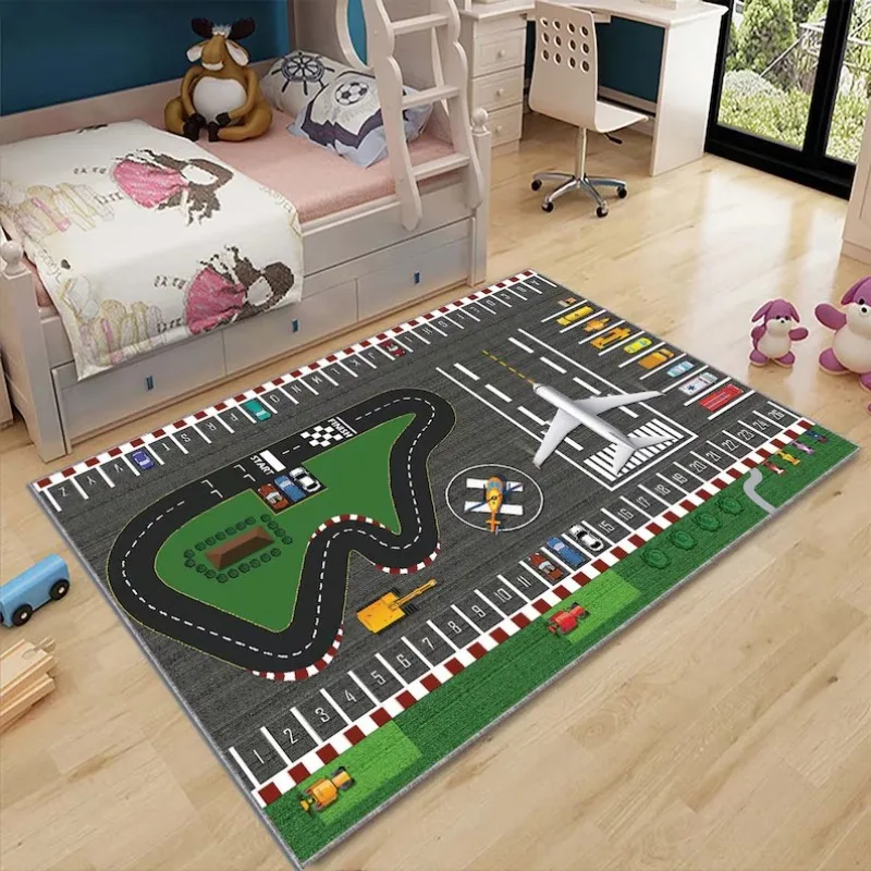 Road Town Rug Kids Education Carpet Fun Race Track Floor Mat Boys Room Area Rug Racing Car Game Room Start Finish Line Carpet