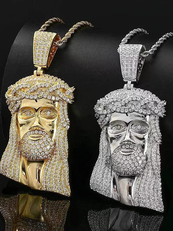 

Fashion Jesus Christ Head Pendant Micro Set Zircon Exaggerated Hip Hop Jewelry Electroplated 18k Gold Full Diamond Necklace