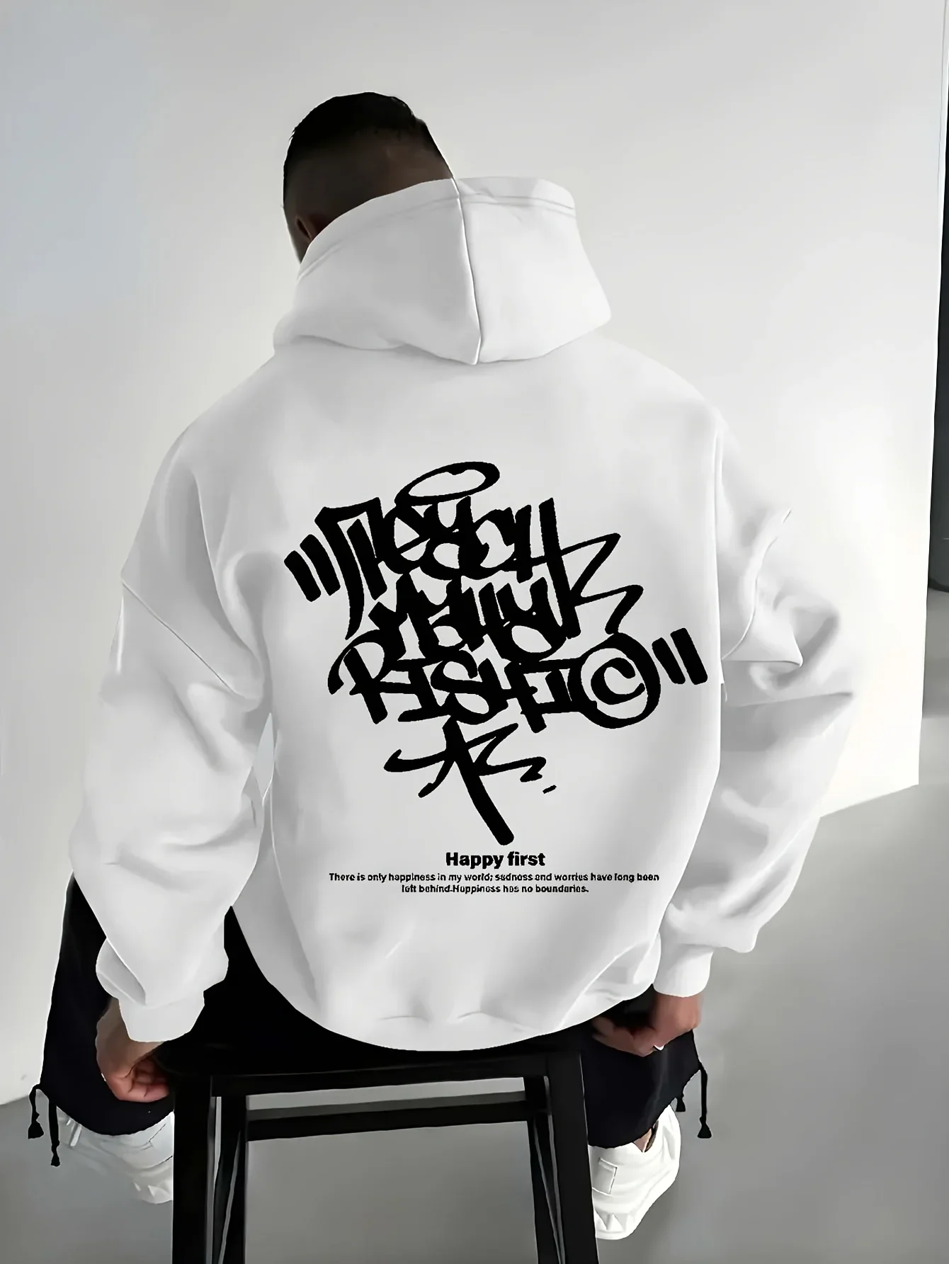 Men Street Graffiti Letter Hoodie Abstract Tag Font Back Print Autumn Winter Fleece Lined Loose Streetwear Hooded Sweatshirt