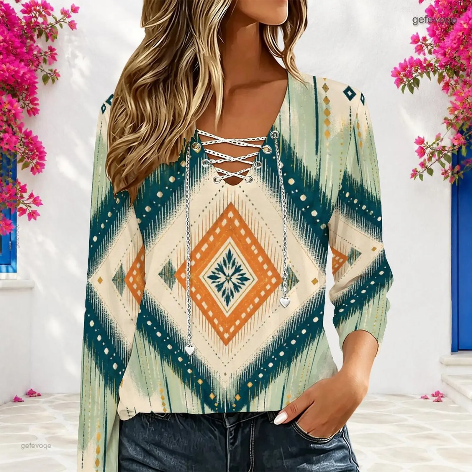 Women Abstract Watercolor Printed V Neck Eyelet Chain Lace Up Long Sleeve Top
