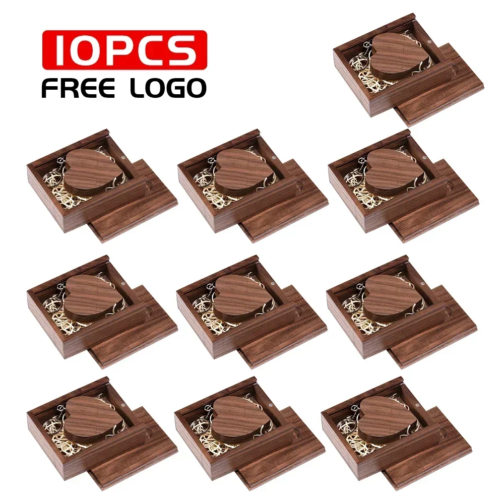 JASTER 10PCS/LOT USB Stick 128GB Wooden Heart Shape USB Flash Drive 64GB Walnut Box Pen Drive 32GB Wedding Gift External Storage