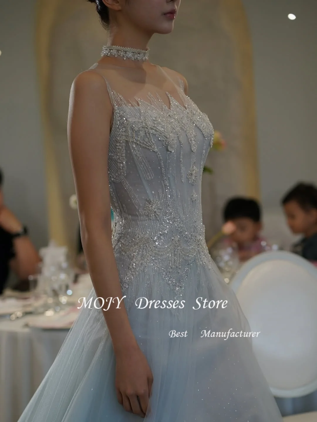 فستان موجي فاخر على شكل قلب سباركلي لحفلات الزفاف كوريا لالتقاط الصور بدون أكمام بطول الأرض مشد فستان سهرة مخصص