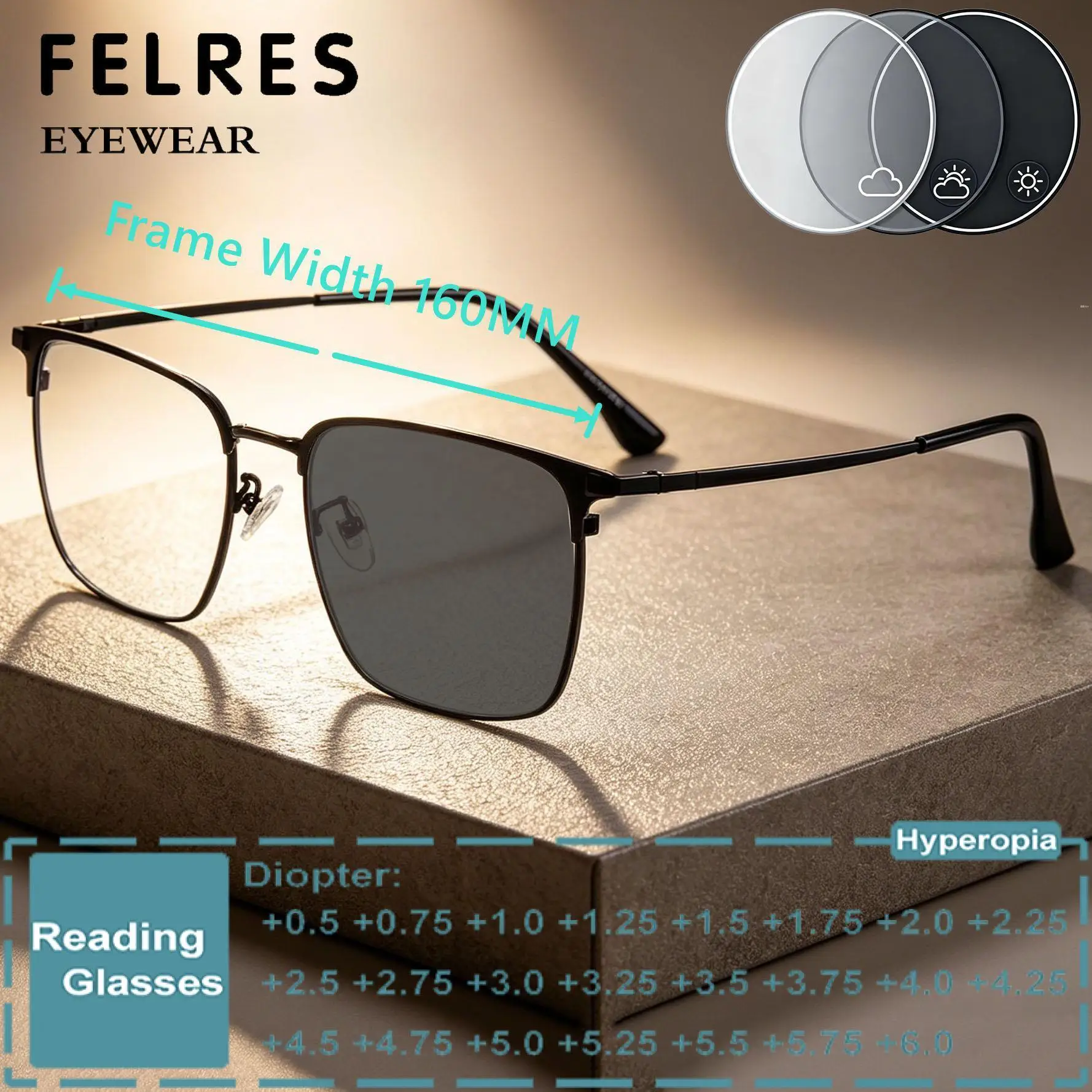 Oversize 160mm Square Alloy Photochromic Big Head Reading Glasses Men Women Large Prescription Presbyopic Eyewear Readers