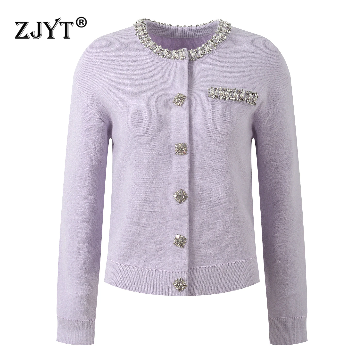 

ZJYT Autumn Winter Luxury Beading Knitted Cardigans Women Long Sleeve Knitting Sweater Tops Knitwears Jersey Mujer Casual Purple