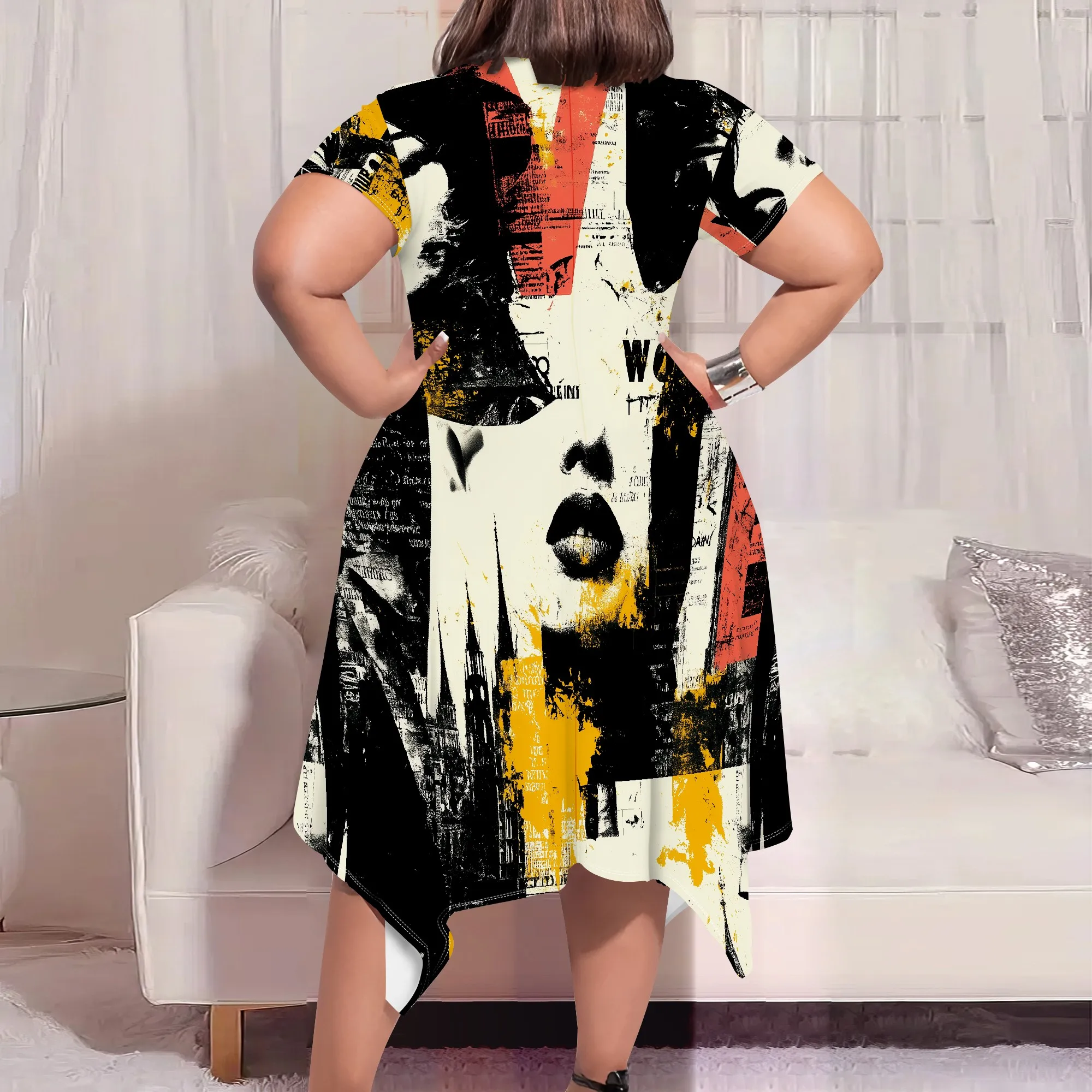 Graffiti Face Print Plus Size Dress XL-6XL Short Sleeve Irregular Hem Style for Art Show, Streetwear or Music Festival Look
