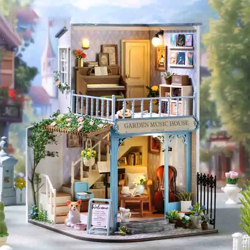 

DIY миниатюрный дуплексный кафе, деревянные строительные блоки, комплект, коробка для дома, книжный уголок, крошечный кукольный дом, подарок, декор, музыкальная шкатулка
