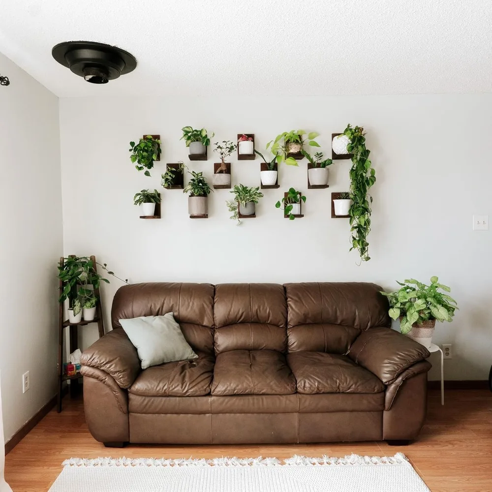 شاشة حائط نباتية داخلية مع حواف خشبية حديثة في منتصف القرن |   نظام أرفف نباتية مثبت على الحائط على شكل حرف L #4