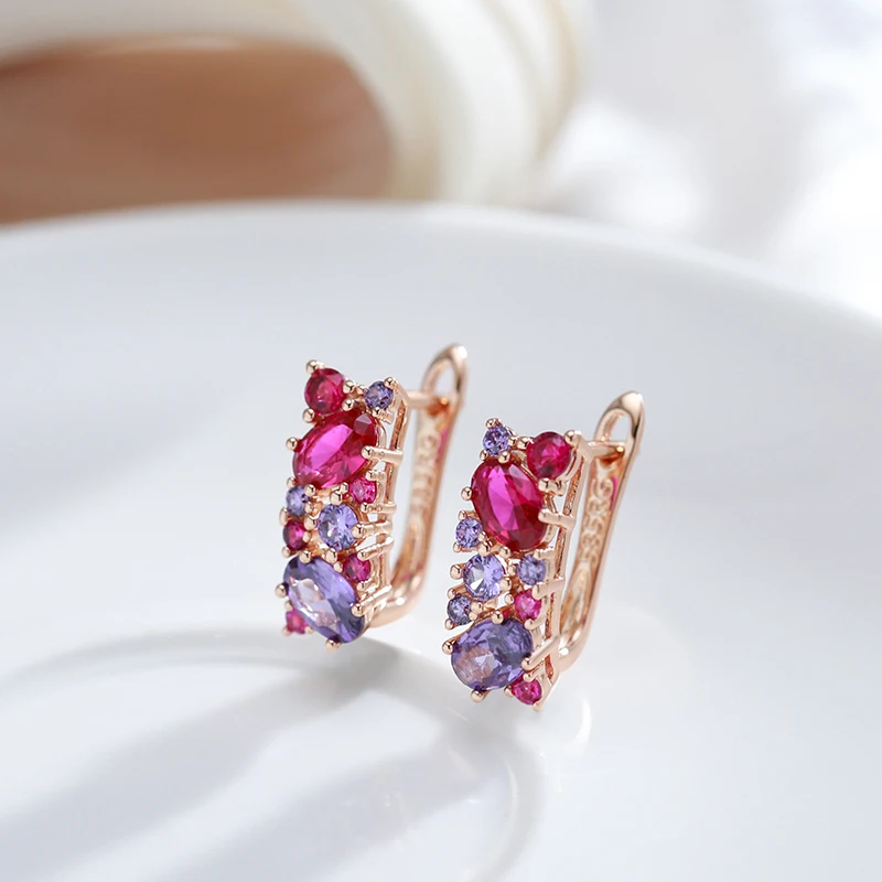 Kinel New Vintage Purple Natural Zircon Earrings for Women 585 Rose Gold Color Ethnic Wedding Jewelry Daily Party Accessories