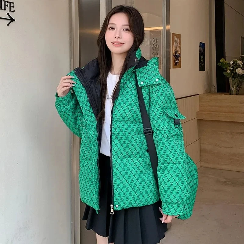 2023 Winter Shiny Plaid Jacket for Girls Hooded Thicken Warm Coat Parkas Outerwear Printed short women\'s Puffer versatile coat