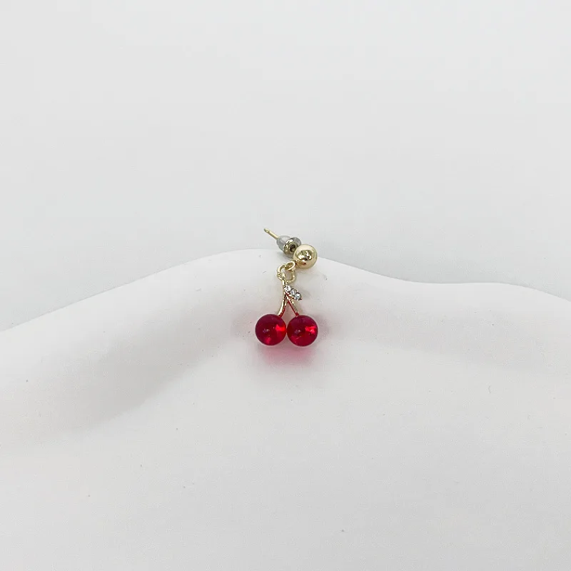 Summer Red Clear Cherry Fashion Long Ear Nail Earrings Cute Sweet Fruit Gold Color Drop Earring for Women Party Wedding Jewelry