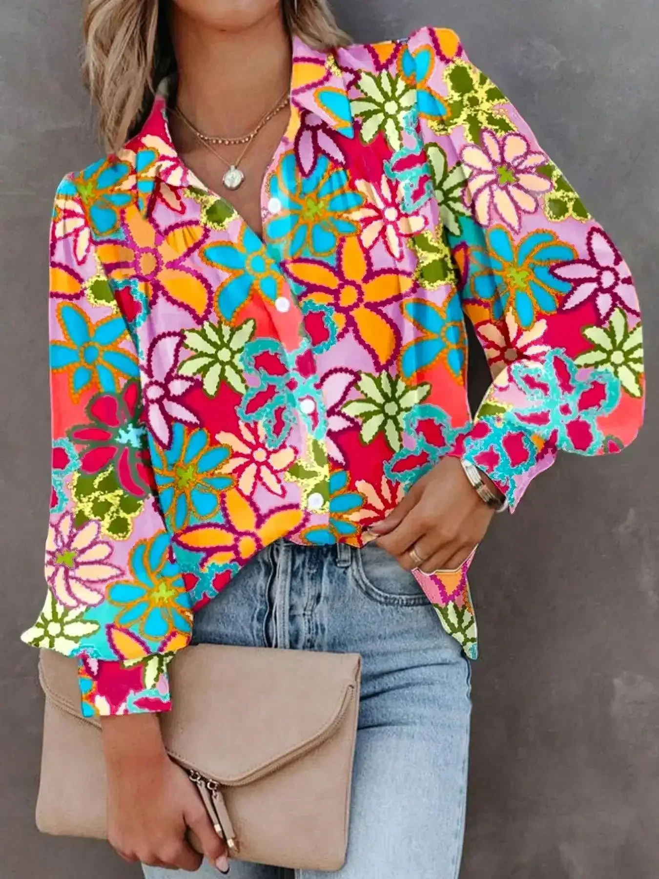 

Women's Fashion Plus Size 1XL-5XL Lapel Floral Print Shirt Ladies Casual Long Sleeve Elegant Blouse Shirt