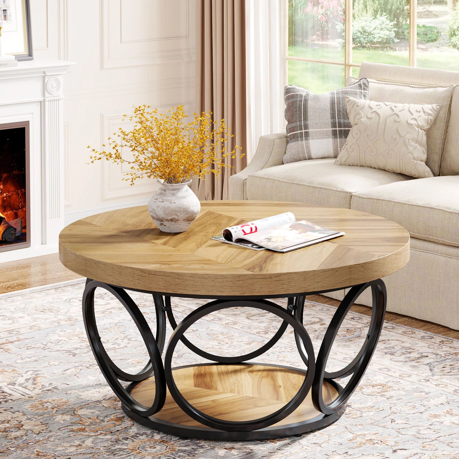 Tribesigns Table Basse Ronde 2 Niveaux, Table de Salon Bois 80 cm, Structure en métal, Table Ronde Bois, Plateau Épaissi, Facile à Monter Industriel (Grain du Bois)