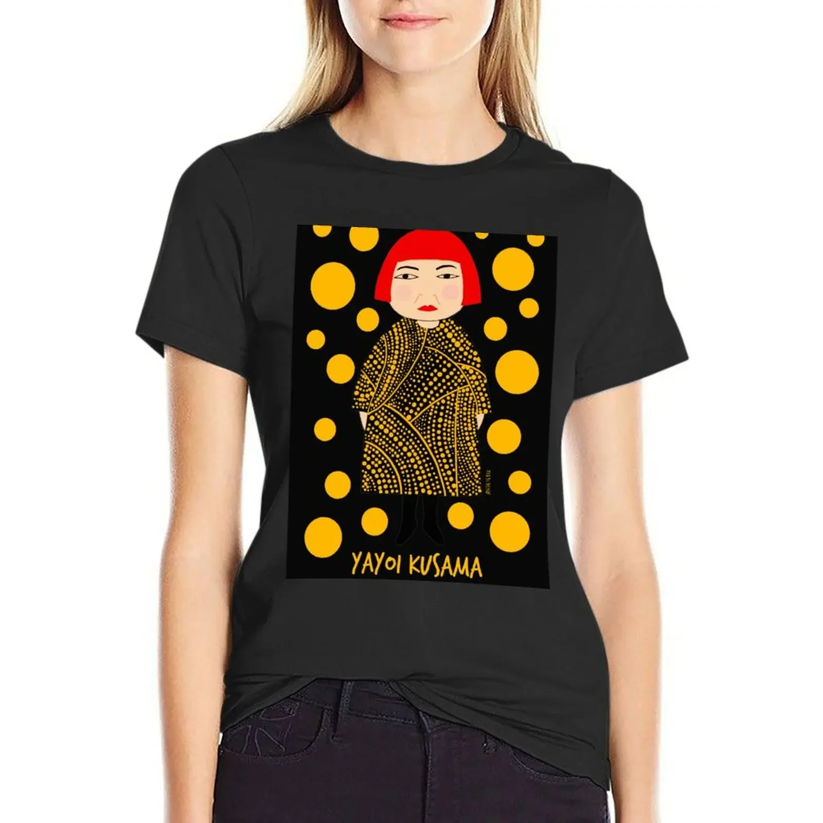 

Yellow dots Yayoi Kusama inspired T-Shirt graphics Blouse vintage customs summer clothes for Women
