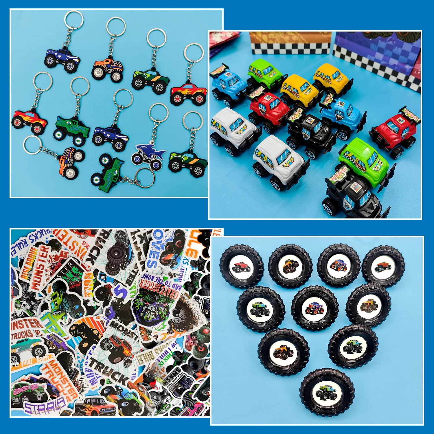 Monster Truck Favors, 110pcs All-In-One Mini Monster Trucks Party Favors Pack Including Monster Truck Keychain Bags Stickers etc