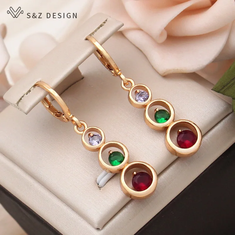 S&Z DESIGN New Fashion Gold Color Long Round Cubic Zirconia Dangle Earrings Jewelry Sets For Women Simple Pendant Necklace Gift