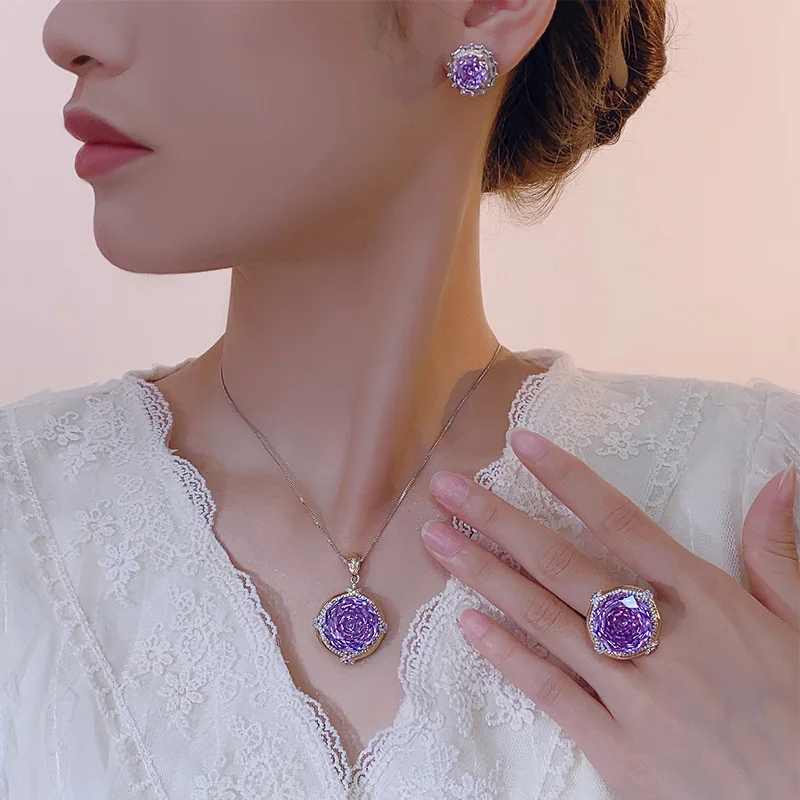 

Vintage Style Purple Round Cut Gemstone Jewelry Adjustable Ring Necklace Earring for Women Luxury Zircon Crystal Wedding Jewelry