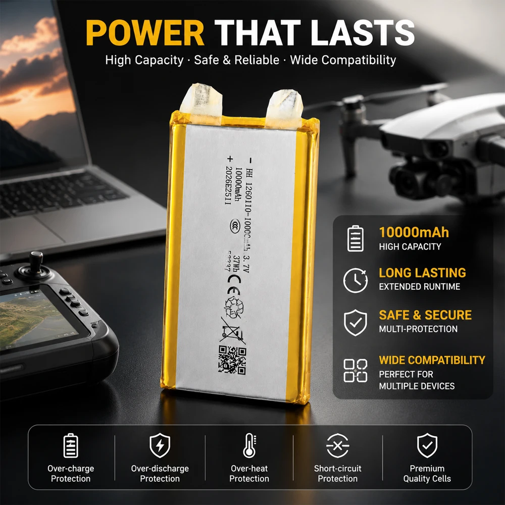 10000mAh 3.7V Lithium Polymer Battery 1260110 High Capacity Suitable for Power Banks GPS Solar Lights Portable Power Supplies.