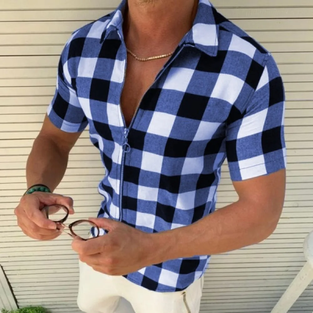 Mens Slim Fit Zipper Plaid Shirt Short Sleeve Lapel Summer Casual Top Elastic Fabric Urban Business Fashion Apparel