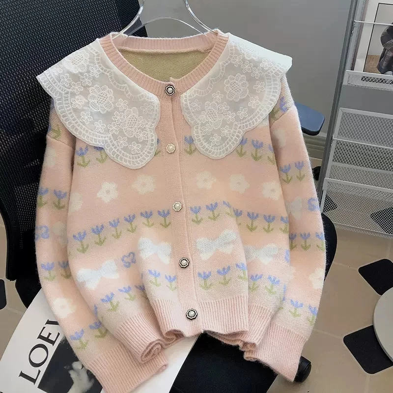 

Women's White Flower Embroidered Doll Collar Sweater Lace Long-Sleeved Spring And Autumn New Korean Y2k Trendy Knitted Cardigan