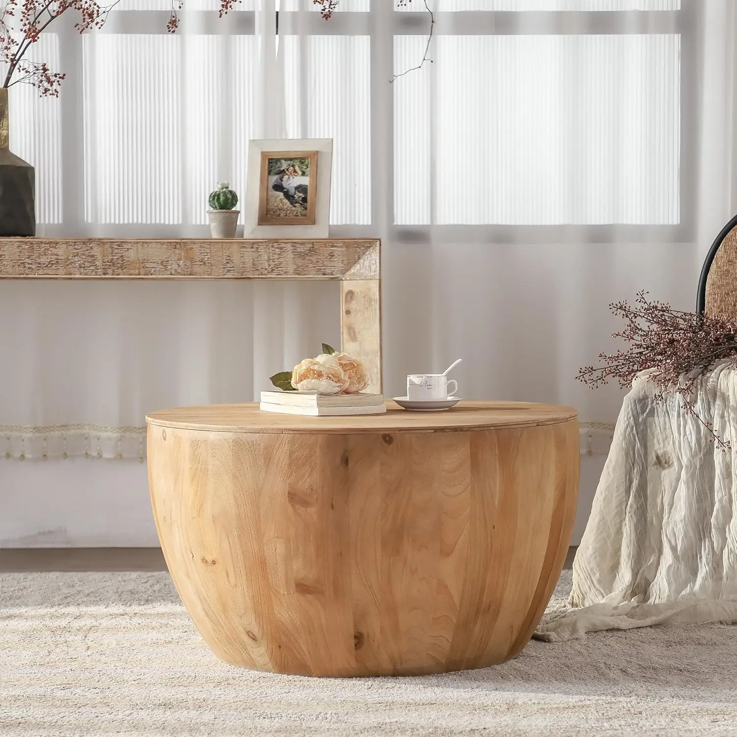 

31.50" Coffee Table with Storage, Round Drum Coffee Table for Office, Dining Room and Living Room, Nature, Customized