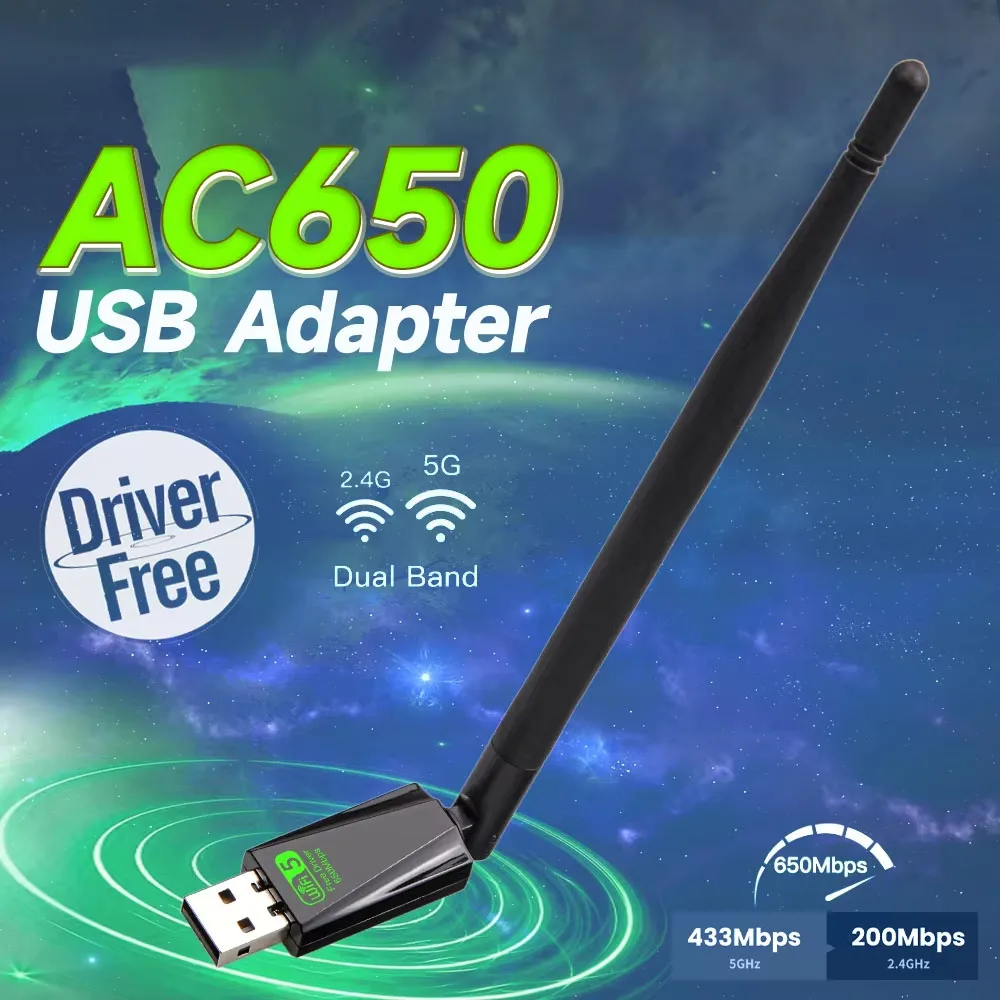 

650Mbps Dual Band 2.4G+5G WiFi Adapter Driver Free USB 2.0 WiFi5 Wireless Network Card 5dBi Antenna for Desktop Laptop PC
