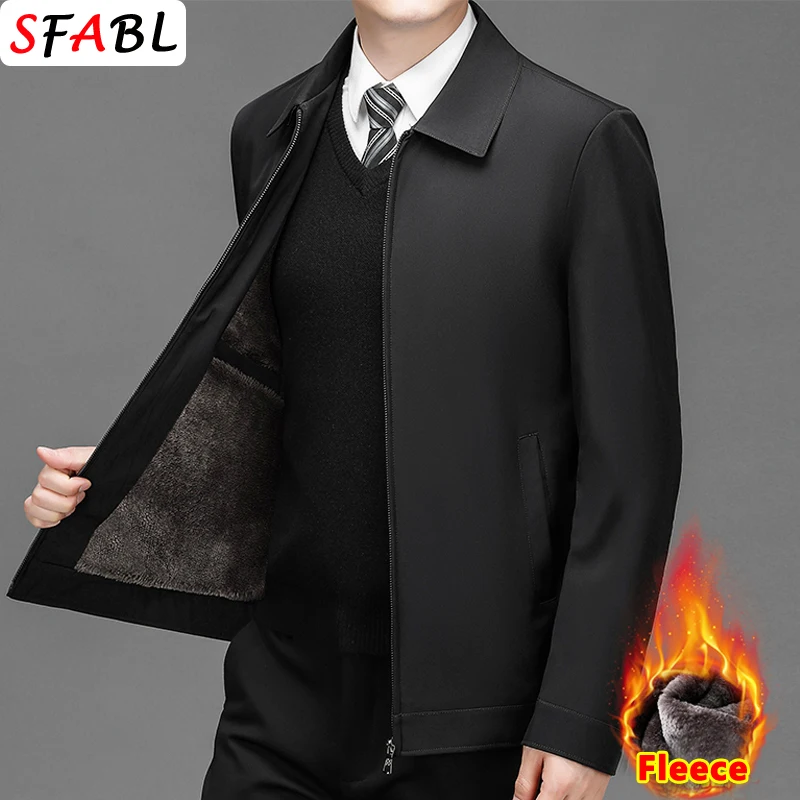 2024 New Fleece Lined Men\'s Winter Jacket Business Blazer Thick Warm Office Dress Jacket Autumn Work Outerwear Jacket Coat Black