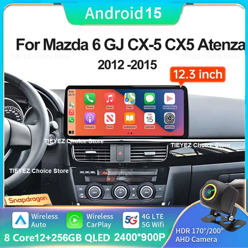 12.3 inch Car Radio Android 15 For Mazda 6 GJ Series Atenza 2013 -2015 Wireless Carplay Android Auto 4G Car Multimedia Player