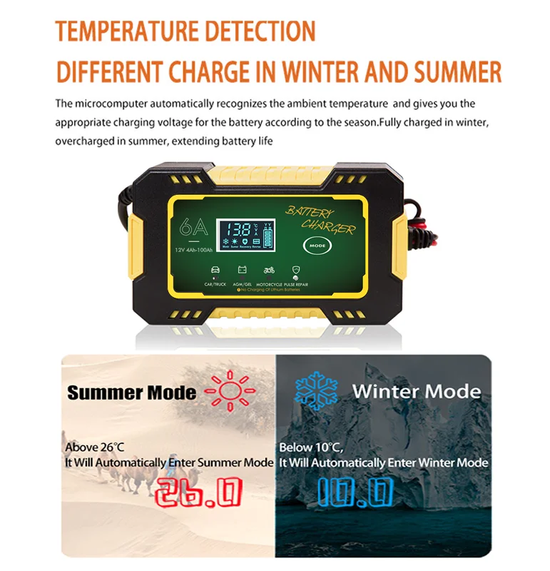 Ładowarka 12 v6a pulsacyjna naprawa wyświetlacza LCD inteligentne szybkie ładowanie akumulator żelowy do pracy cyklicznej ładowarki kwasowo-ołowiowej do motocykli samochodowych