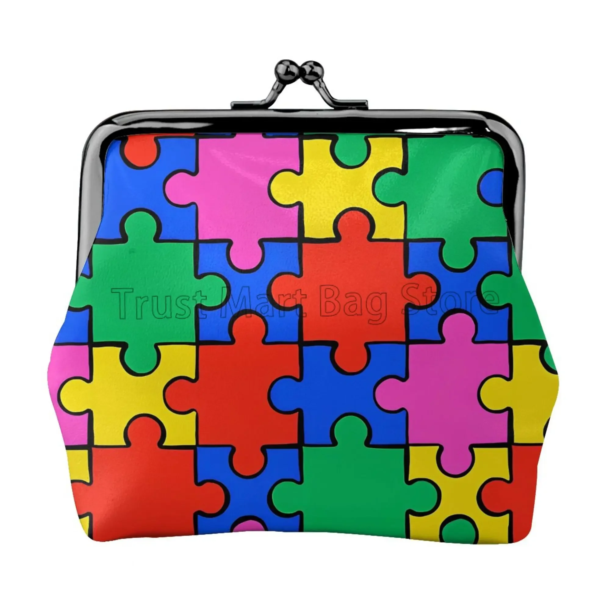 Autism Awareness Puzzle Piece Mini Leather Coin Purse for Women Small Change Pouch with Kiss-Lock Clasp Closure Buckle Wallet