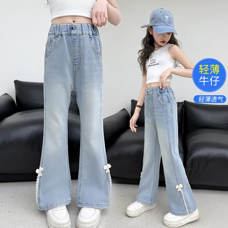 

Light Blue Children's Denim Flared Pants with Lace for Summer, New Arrival in 2025, Thin Children's Denim Pants