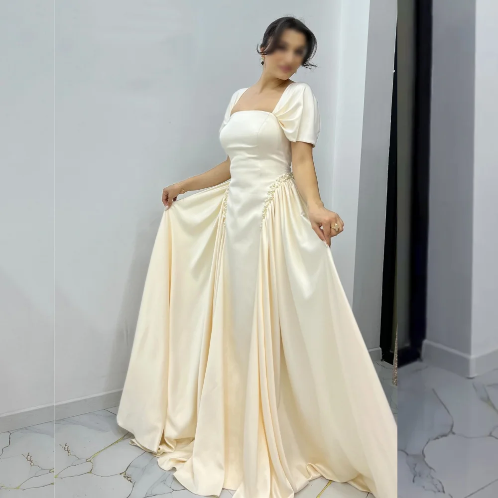 

Customized Evening Dress Glitter Pleat Square Neck A-line Floor-length Bespoke Occasion Prom Elegant Party Wedding