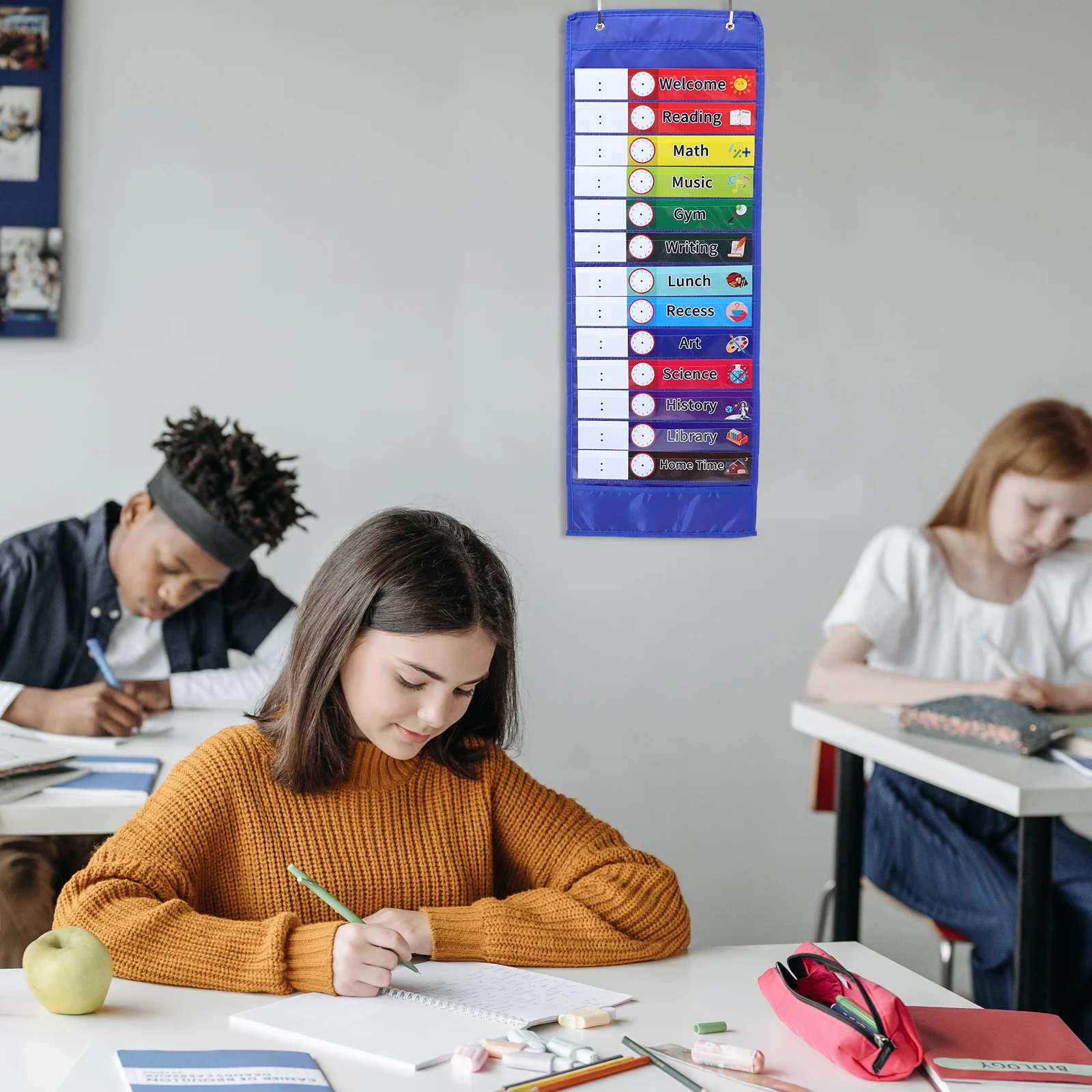 

1 set 1 Set Transparent Schedule Hanging Bag 14 Grids Pocket Chart Organizer Classroom Calendar Storage Bag For Cards Memos