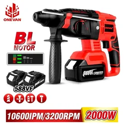 ONEVAN 2000W Brushless Electric Hammer Drill 4 Function 3200rpm Cordless Rechargeable Hammer Impact Drill For 18V Makita Battery