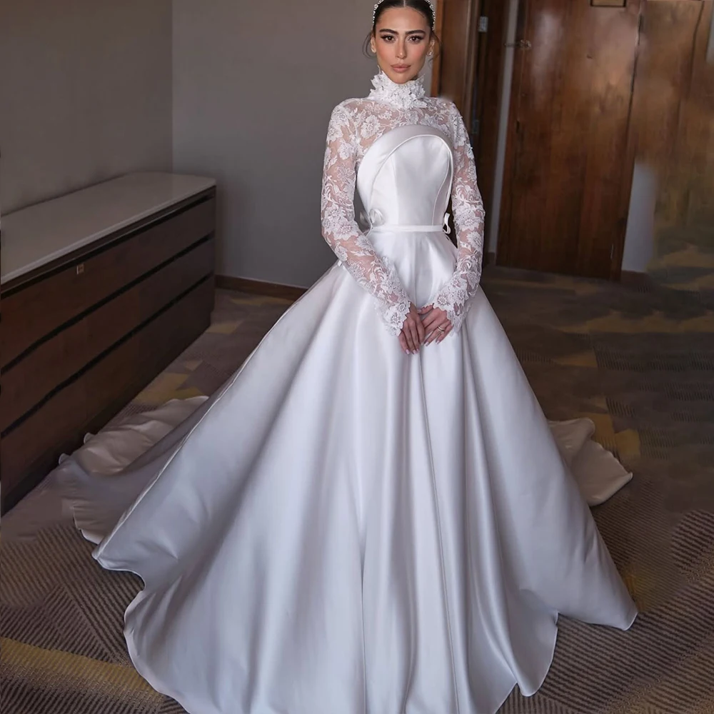 

Arabic Wedding Dresses High Neck Long Sleeves Bride Dress A-Line Sweep Train Lace Bridal Gowns Customized Vestidos De Novia