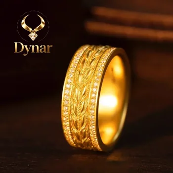 Dynar Jewelry Luksusowy pierścionek z prawdziwego złota próby 999 24K z motywem kłosów pszenicy, inkrustowany diamentami, wykonany metodą starożytnego plecenia, pierścionek na palec wskazujący, symbol bogactwa.