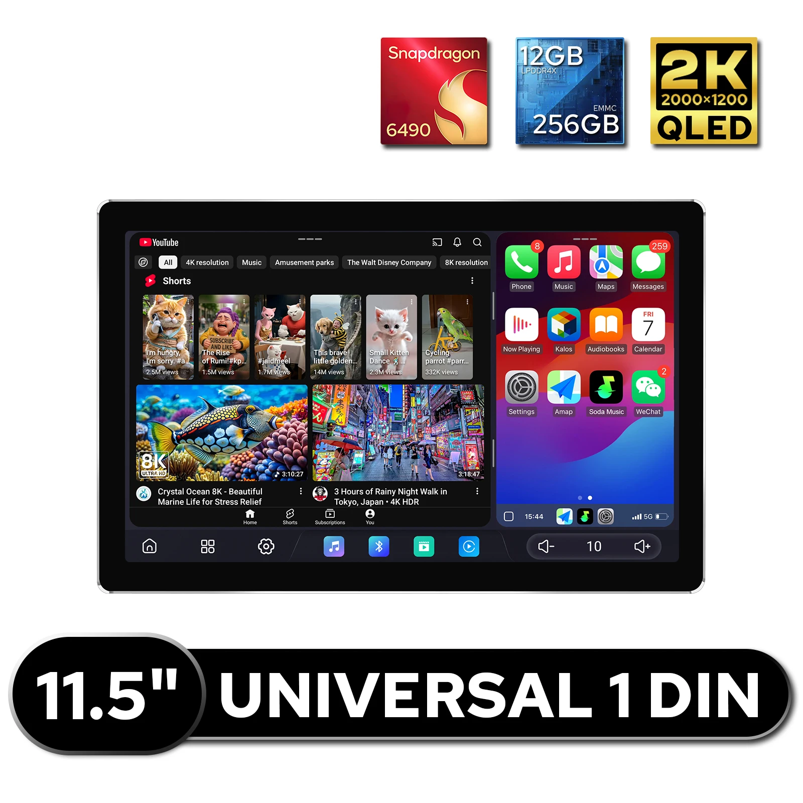 QCM6490 Chip Single Din Car Stereo 11.5 Inch Universal Head Unit 12GB 256GB Wireless CarPlay Android Auto Car Multimedia Radio