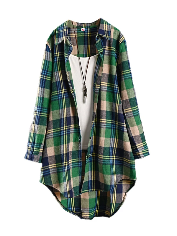 Dames Katoen Linnen irt Long Sve Plaid Bovenkleding Lente Zomer Lichtgewicht Zonwering Middellange Vintage Sle