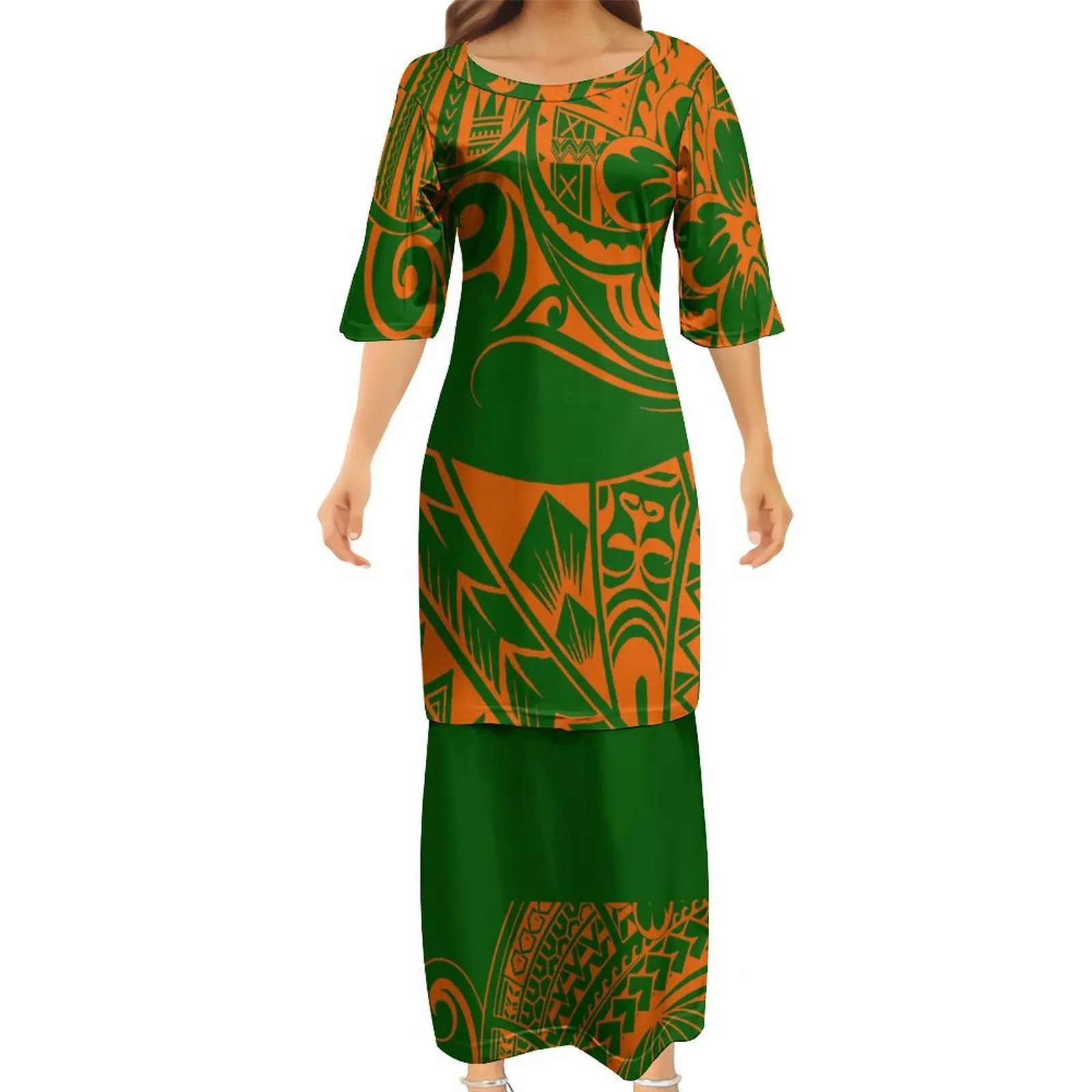 

Double-Layer Dress For Women With Round Neck And Mid-Sleeve Custom Hibiscus Pattern Summer Puletasi Elegant And Slimming Dress