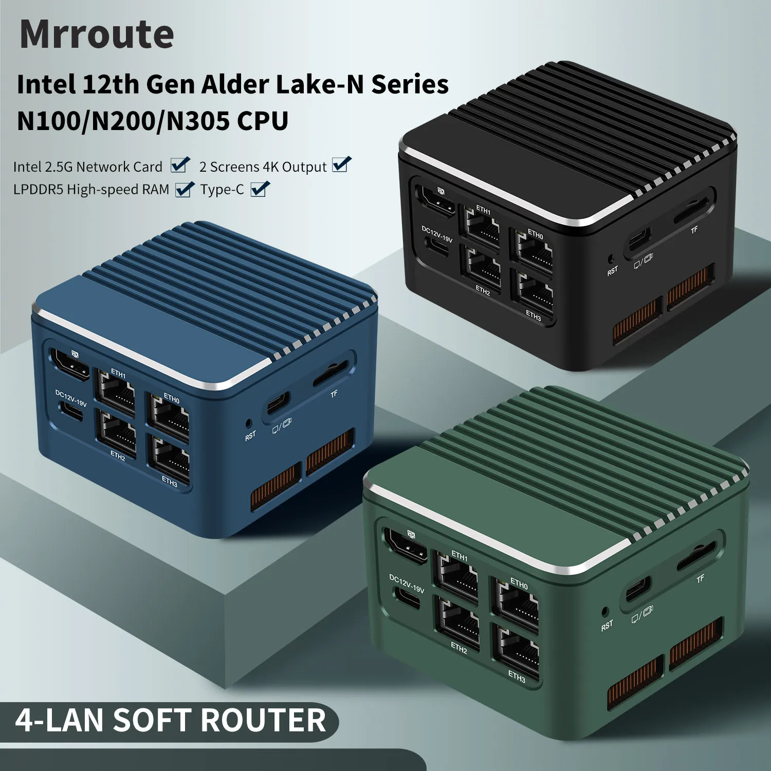 Mrroute MR-M1 Mini PC N100 DDR5 4C/4T,Mini Computer Onboard 16GB LPDDR5 512GB NVMe SSD,Micro PC 4K Dual Display,4 LAN,HTPC