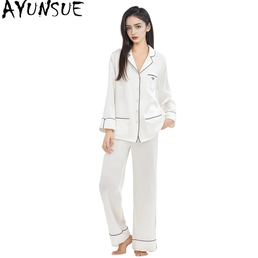 AYUNSUE 19Mm 100% Mulberry Silk Pajama Sets Sleepwear Women Clothes Spring Autumn Casual Pants Long Sleeve Top Two-piece Пижам