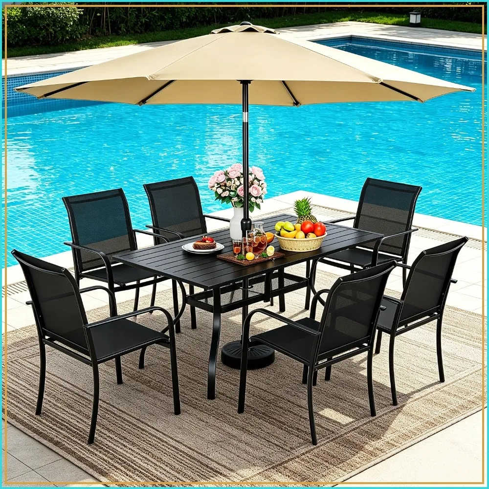 8 Pc Outdoor Dining Set w/ 6 Textilene Chairs, Metal Table, 9Ft Umbrella, Black