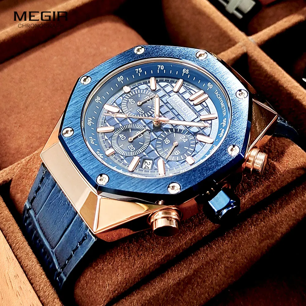 MEGIR Blue Leather Strap Quartz Watches Men Fashion Waterproof Chronograph Luminous Sport Wristwatch with Auto Date 24-hour 2213