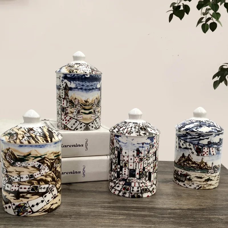 Nordic Ceramic Aromatherapy Candle Jar Candy Storage Jar with Lid Abstract Arts and Crafts Ceramic Craft Aesthetic Ornaments