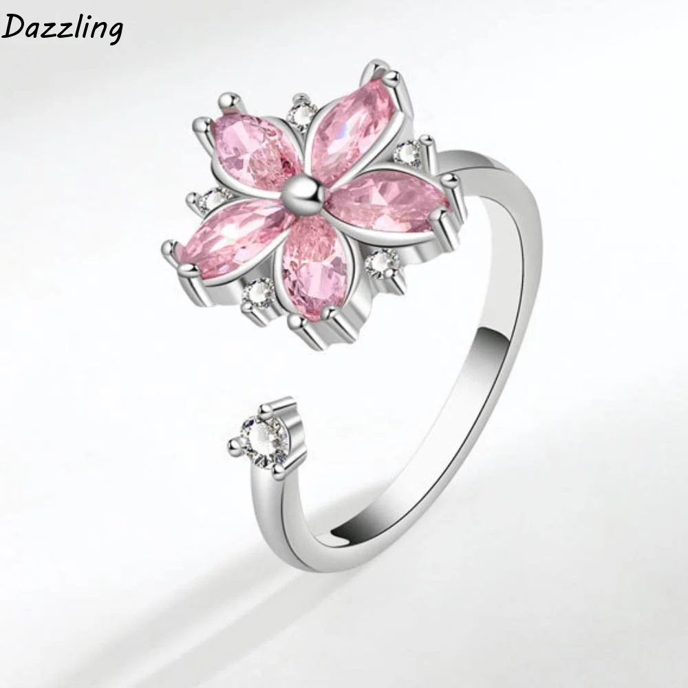 Rotating Design Rotating Ring Female Ring Niche Design Pink Zircon Ring Flower Shape Synthetic Zircon Cherry Blossom Ring
