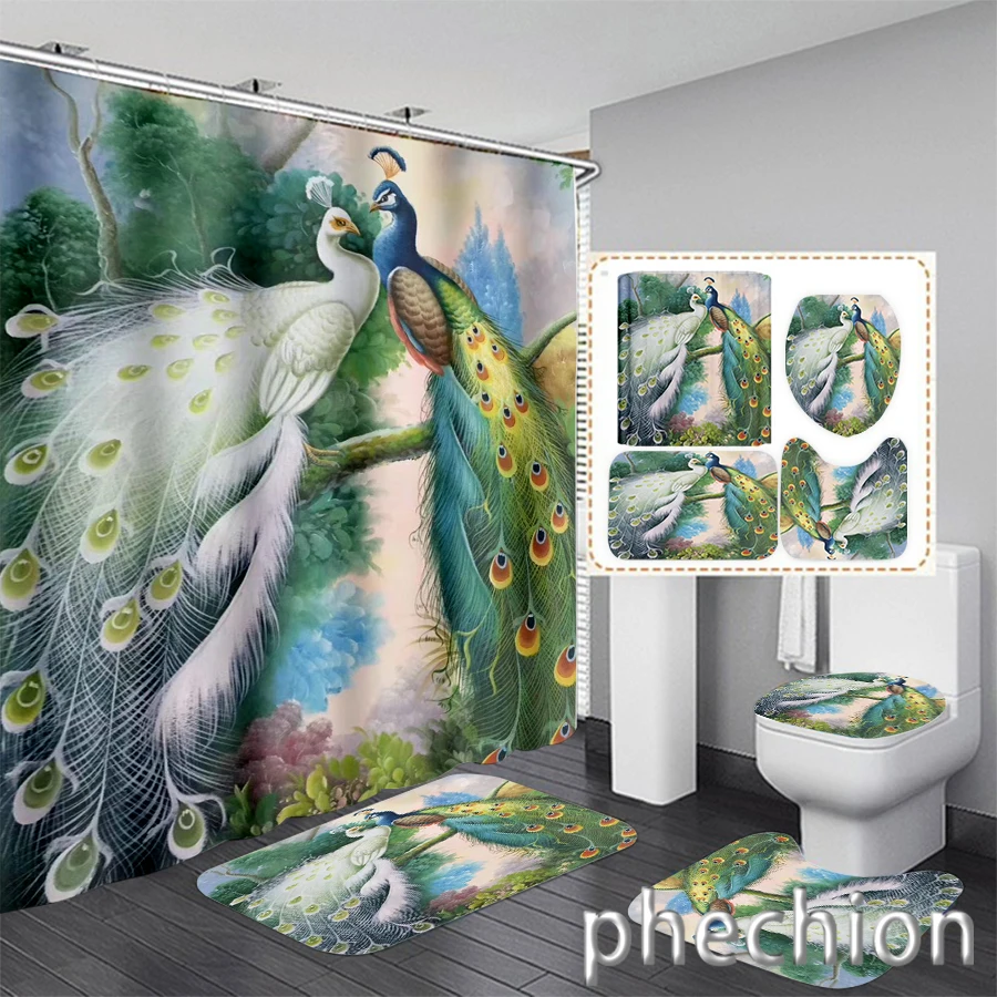 New 3D Print Animal Peacock Shower Curtain Waterproof Bathroom Curtain Anti-slip Bath Mat Set Toilet Rugs Carpet VR60